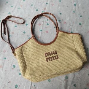 Miu Miu Straw And Leather Tote